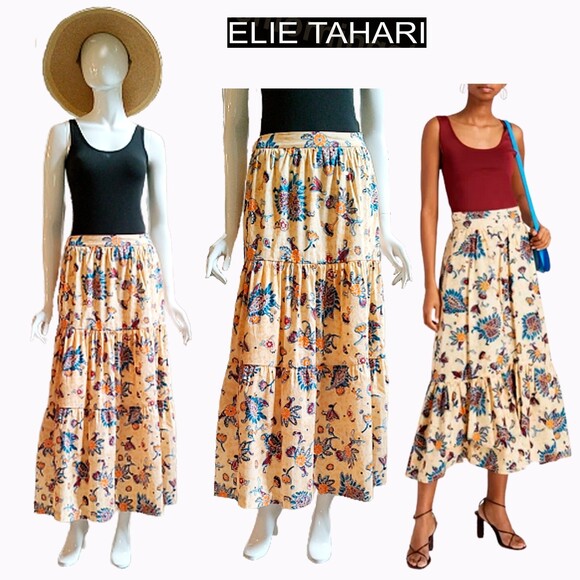 ELIE TAHARI NEW SUNLIT GARDEN Bohemian Floral Tiered Full Midi Skirt L - Picture 1 of 11